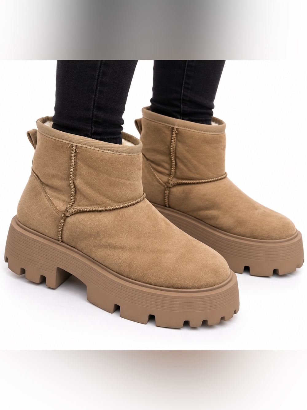 Heavyweight Platform Ankle Boots  — Slip-On — Winter Boots — Taupe/Tan — Size 10